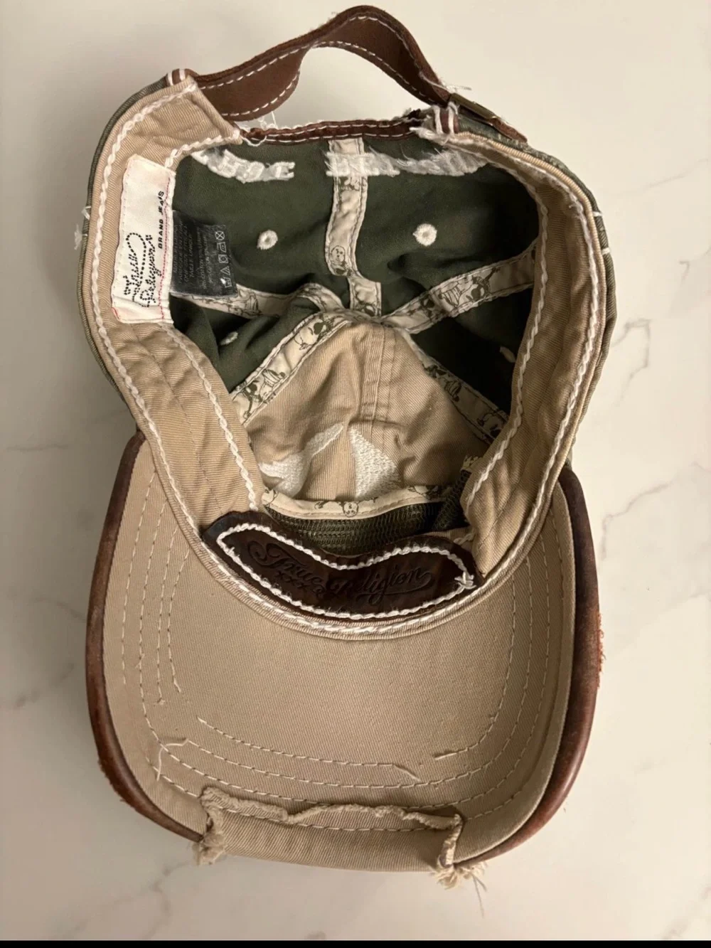 True Religion UNISEX Distressed Beige and Olive Cotton Baseball Cap
